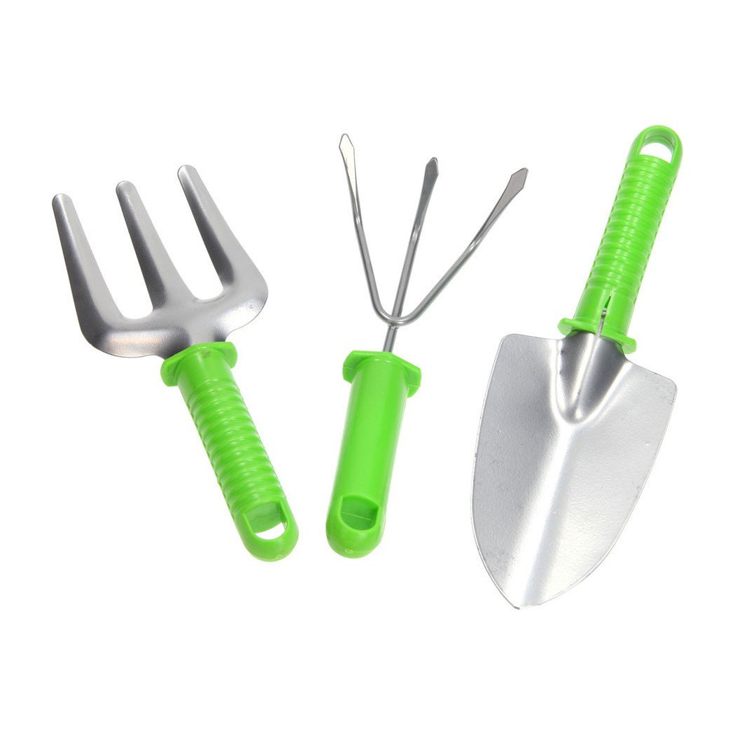 foto del prodotto trade shop set 3 pezzi utensili giardinaggio rastrello pala maniglia manutenzione giardino 