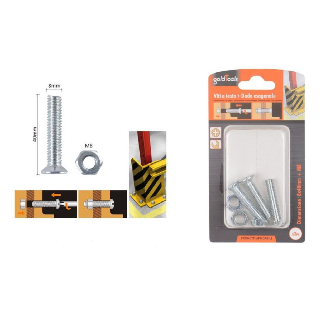 foto del prodotto trade shop - set 3 pezzi viti vite testa a croce piatta 8 x 40 mm con dado esagonale m8 90949 -