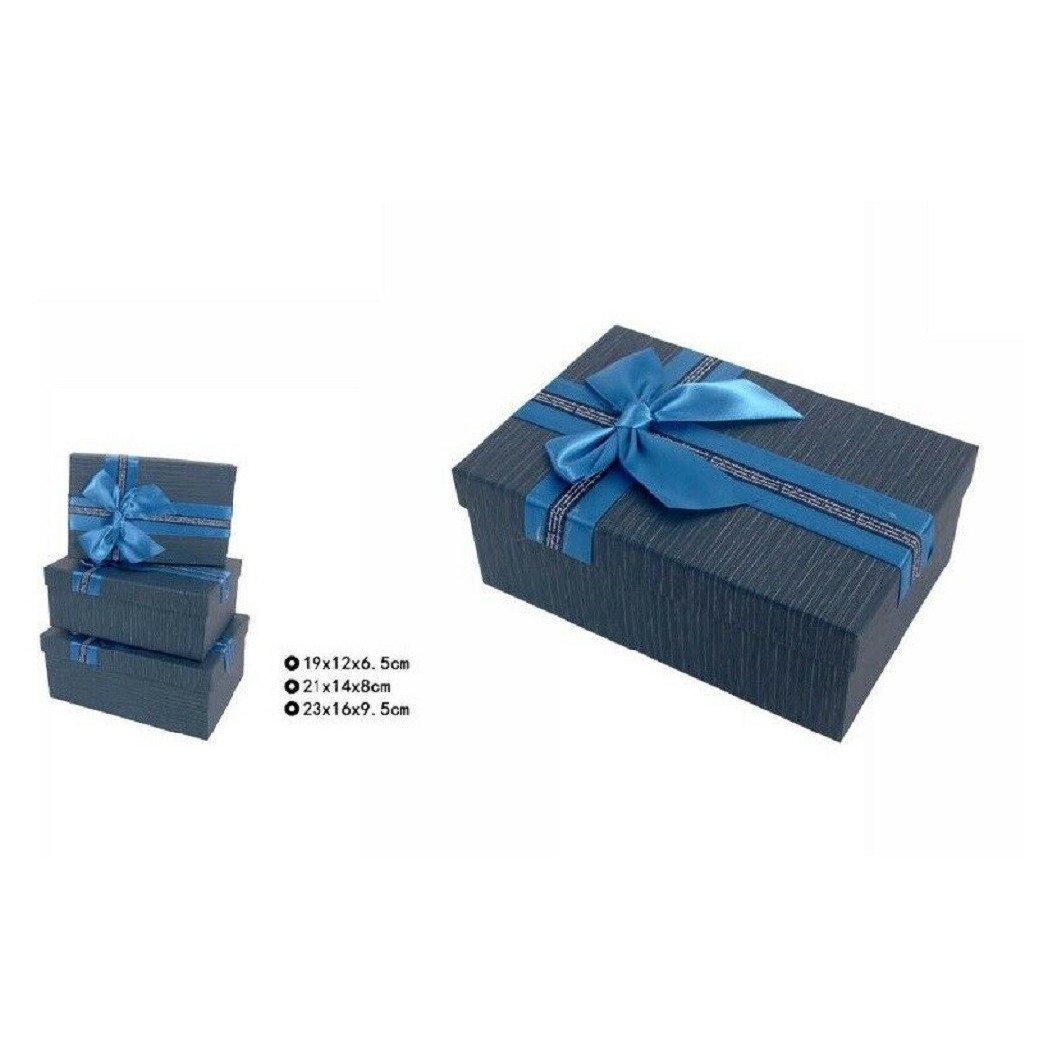 foto del prodotto trade shop set 3 pz. scatole box per regali varie misure rettangolari blu con fiocco 69332 