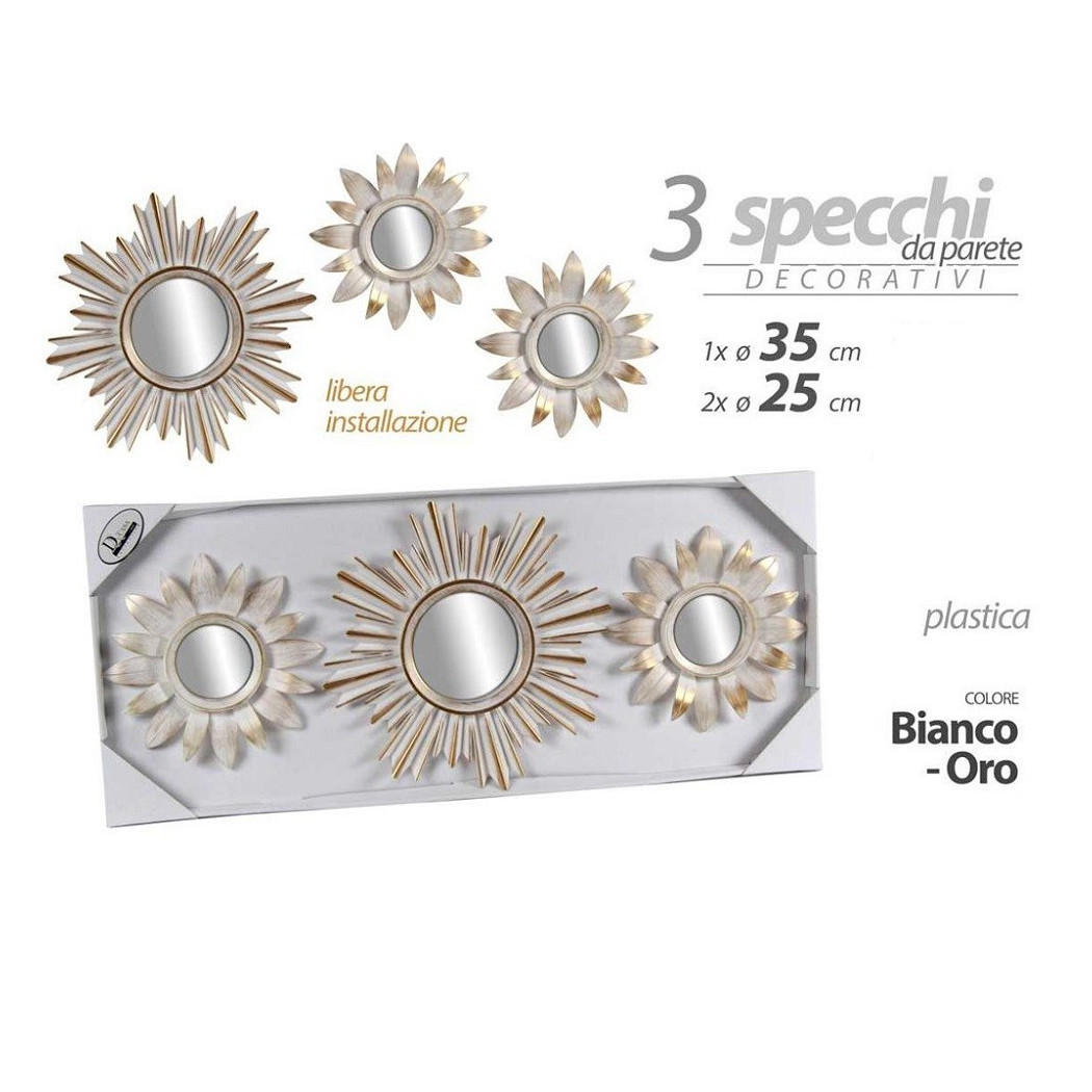 foto del prodotto trade shop - set 3 pz specchi parete bianco oro 25/35 cm plastica libera installazione 823909 -