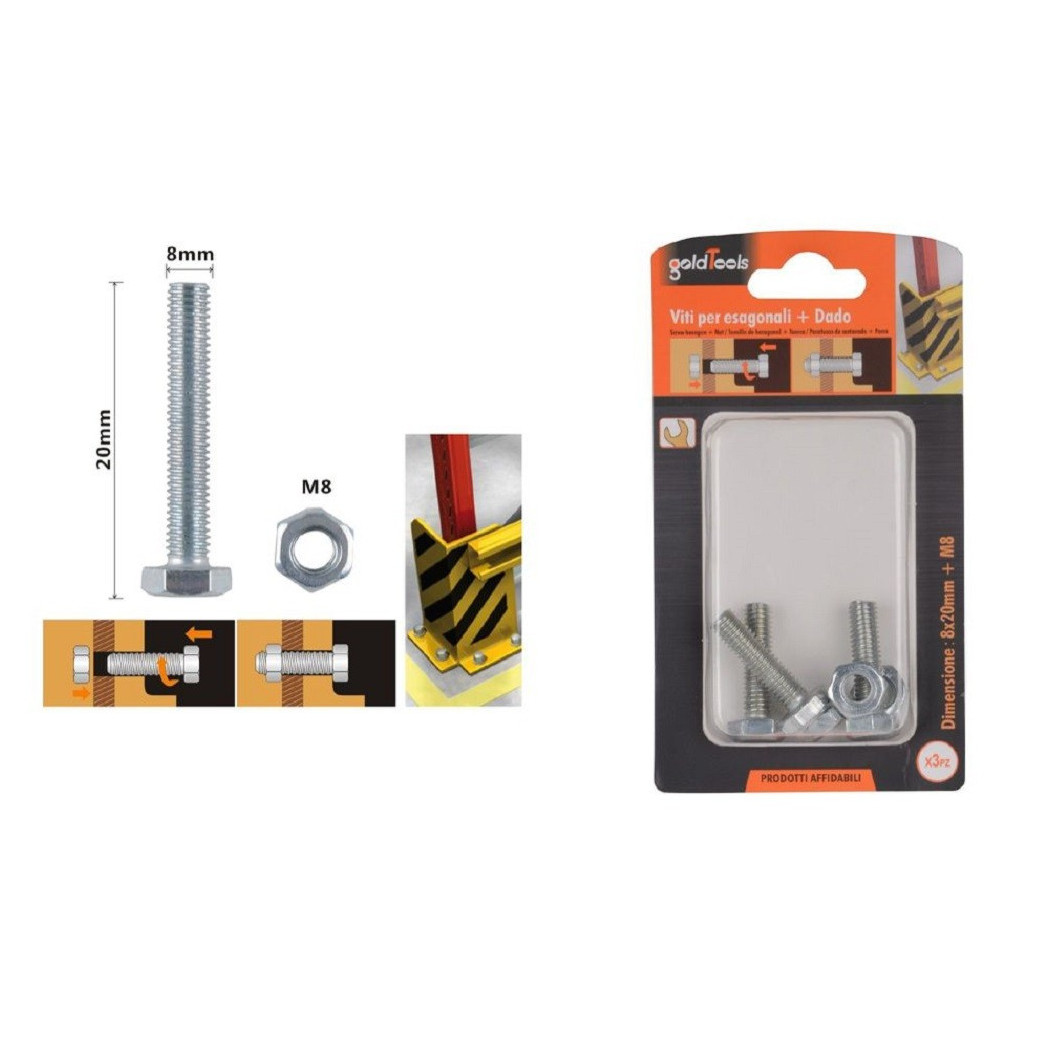 foto del prodotto trade shop - set 3 pz vite viti per esterno a testa esagonali 8 x 20mm con dadi dado m8 90919 -