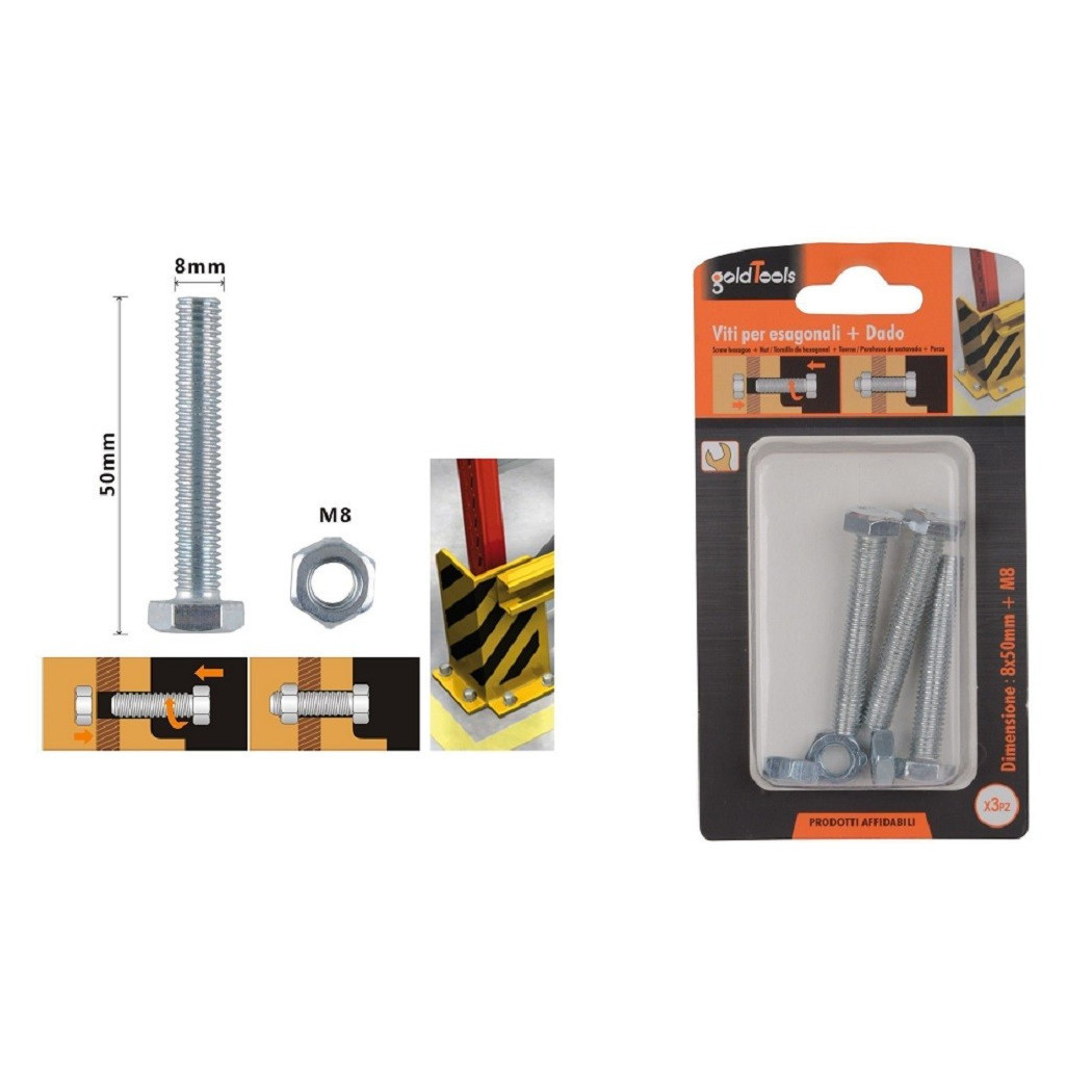 foto del prodotto trade shop set 3 pz vite viti per esterno a testa esagonali 8x50 mm con dadi dado m8 90922 
