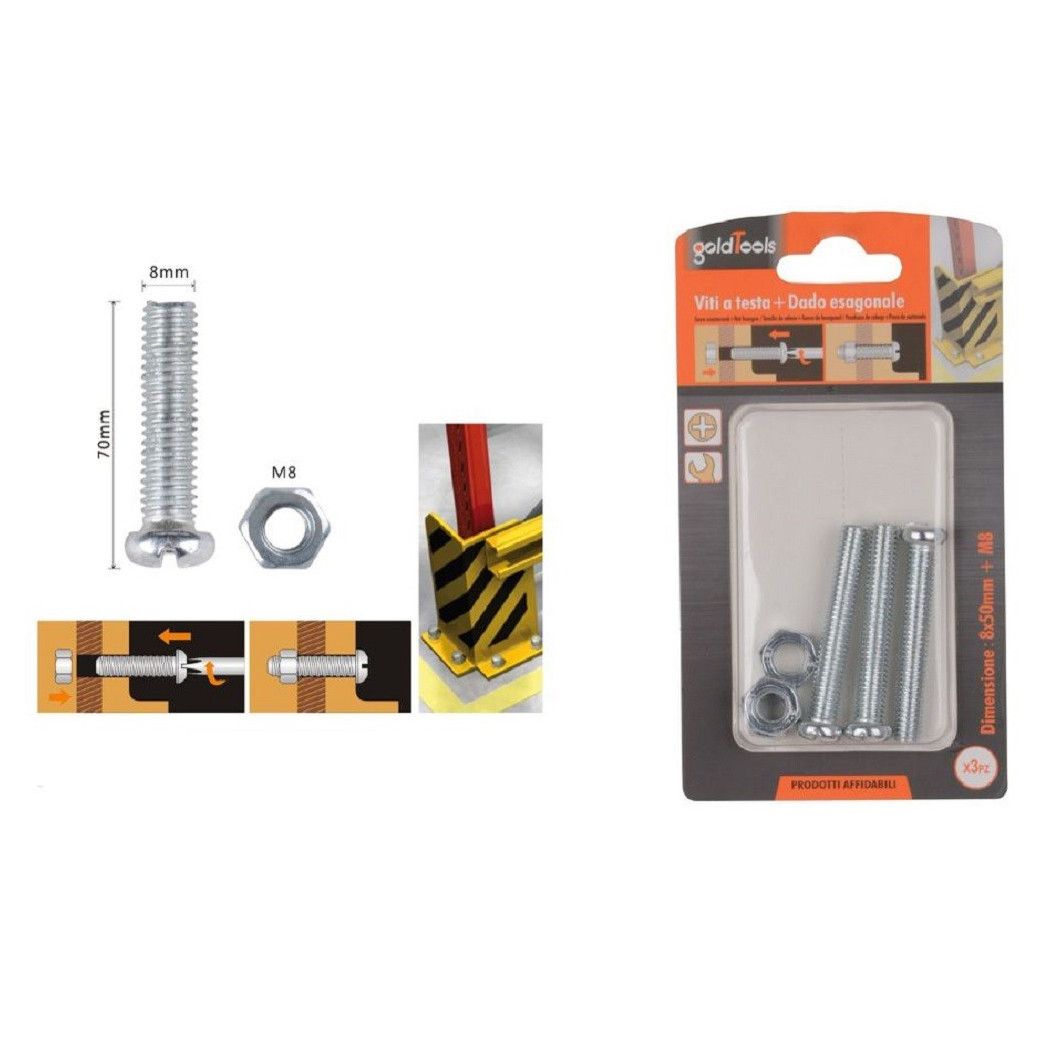 foto del prodotto trade shop set 3 pz viti vite testa a croce tonda 8 x 50mm con dadi dado esagonale m8 90987 