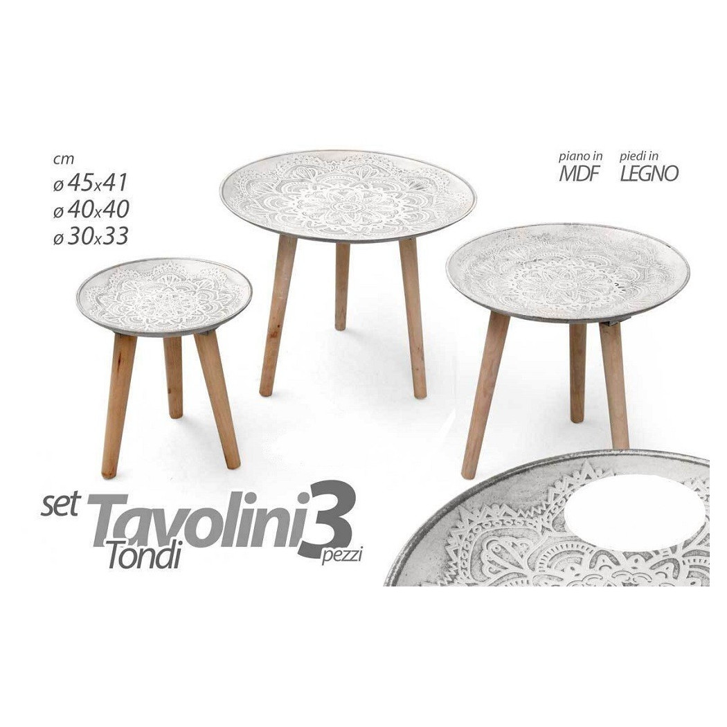 foto del prodotto trade shop - set 3 tavolini piedi in legno salotto giardino decorati 45-40-30cm tondi 783951 -