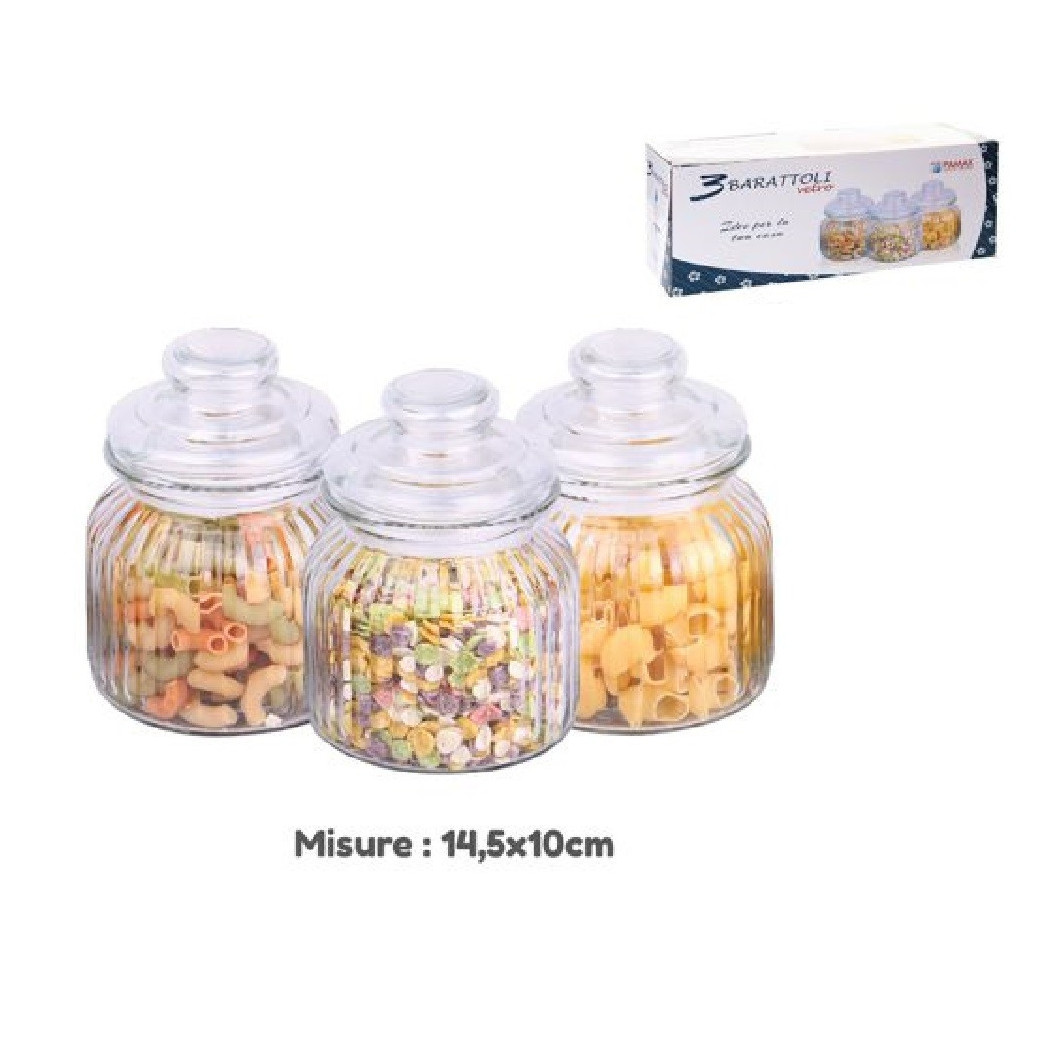 foto del prodotto trade shop set 3 tris barattoli con coperchio vetro 14.5x10cm cucina pasta biscotti 710916 