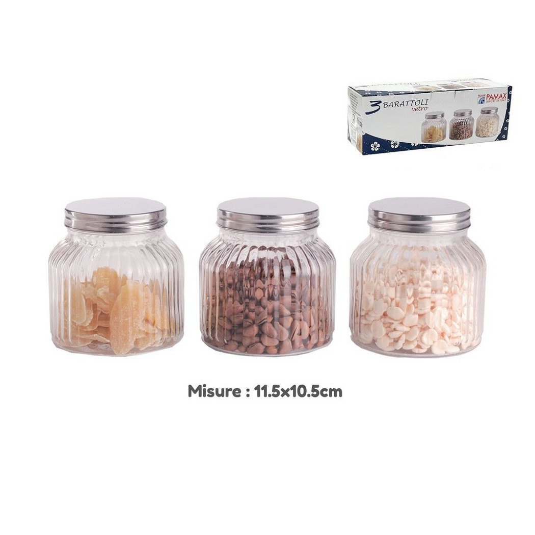 foto del prodotto trade shop set 3 tris barattoli vetro coperchio alluminio contenitori biscotti 11.5x10.5cm 