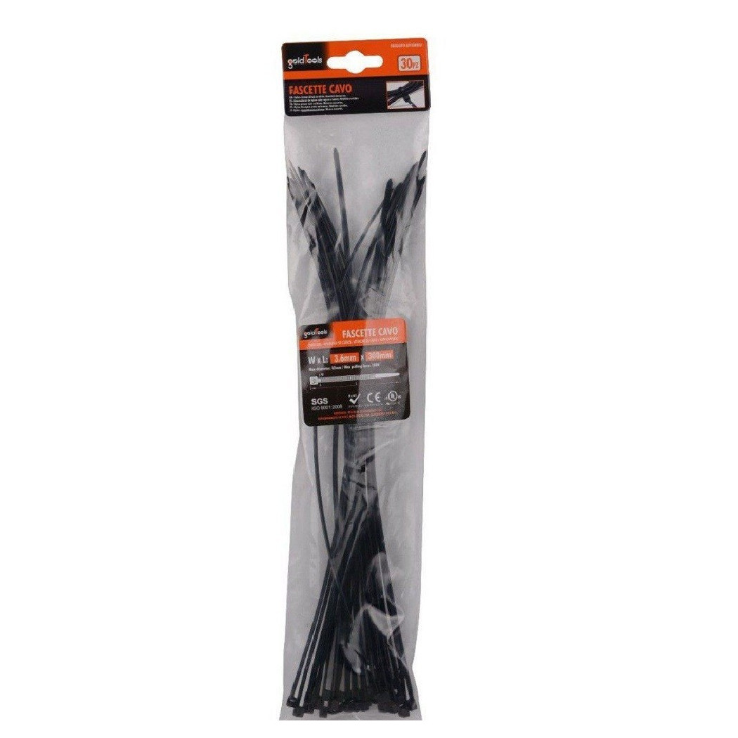 foto del prodotto trade shop - set 30pz fascette cavi cavo nero stringenti in plastica nylon 3.6 x 300 mm 92383 -