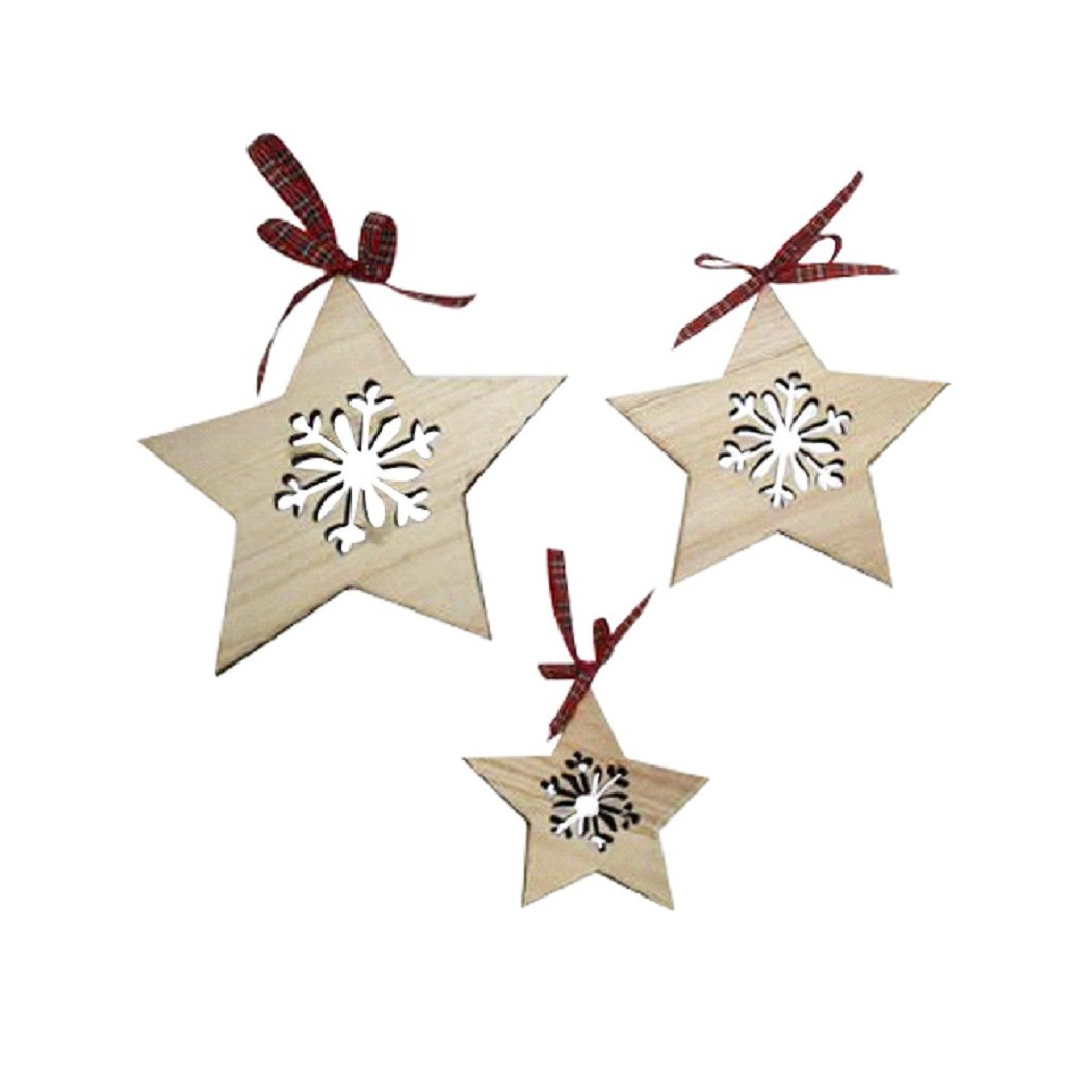 foto del prodotto trade shop set 3pz appendini forma stella in legno varie misure decorazioni natalizie 
