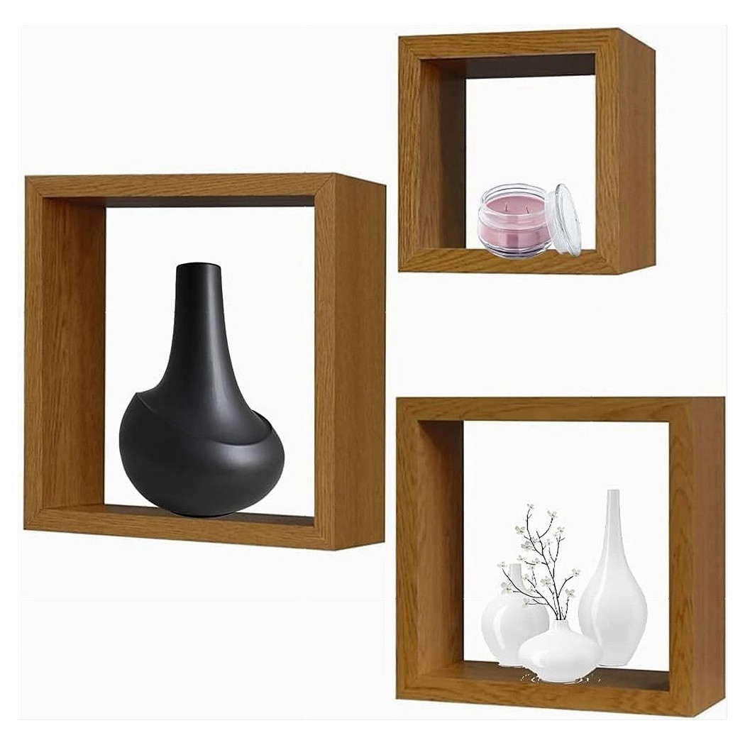 foto del prodotto trade shop set 3pz mensole da parete a cubo moderne design quadrato effetto legno 2 ripiani 