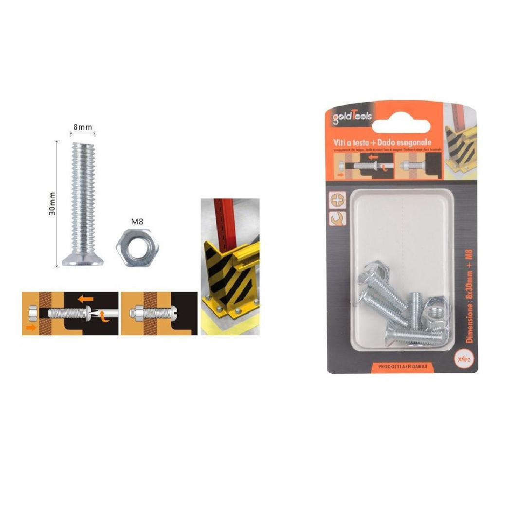 foto del prodotto trade shop - set 4 pezzi viti vite testa a croce piatta 8 x 30 mm con dado esagonale m8 90948 -