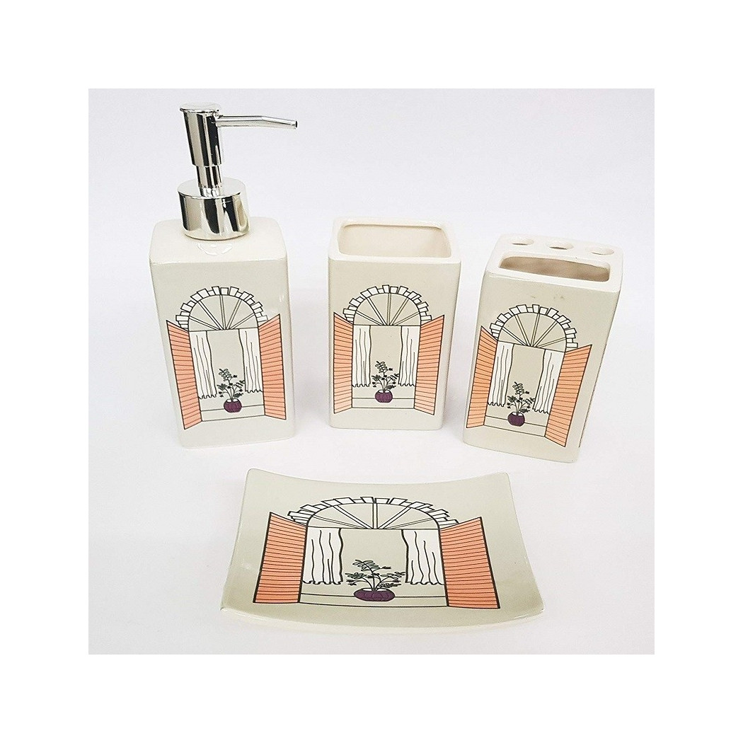 foto del prodotto trade shop set 4pz bagno fango finestra flower ceramica dispenser sapone porta saponetta bicchiere spazzolini 