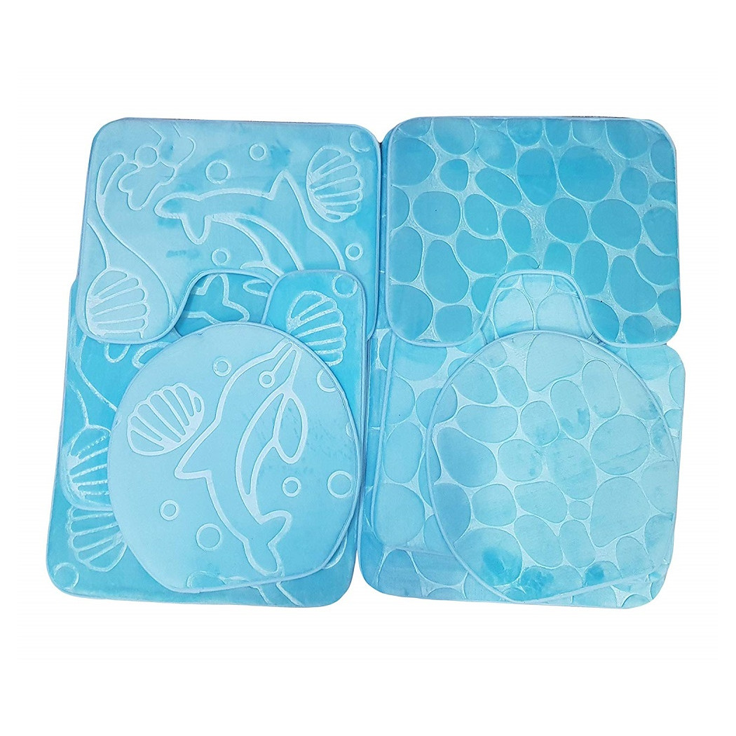foto del prodotto trade shop set 4pz tappeto azzurro bagno wc coprisedile antiscivolo memory foarm delfini sassi 