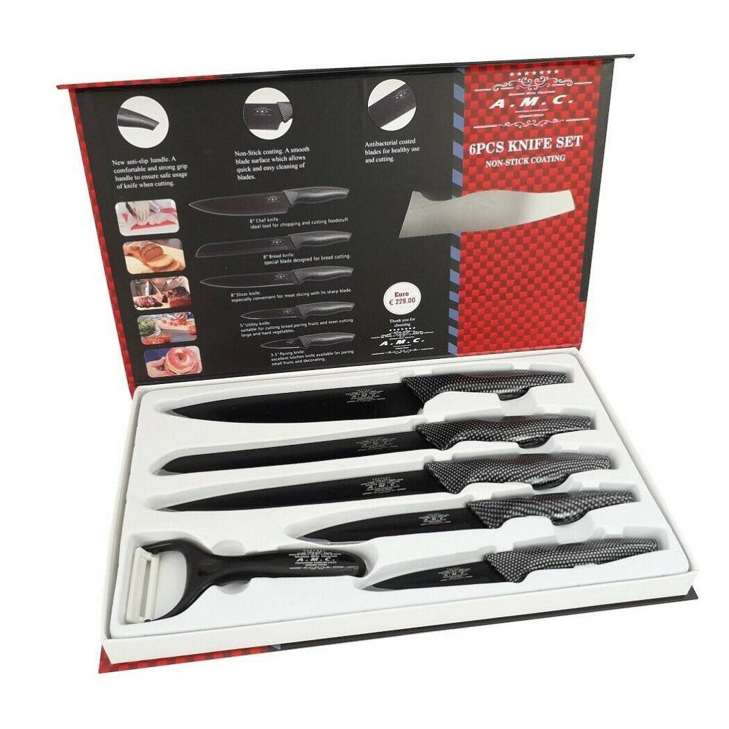 foto del prodotto trade shop set 5 coltelli da cucina in acciaio effetto carbonio piu pelapatate 