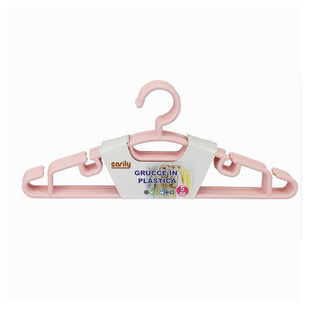 foto del prodotto trade shop set 5 pz grucce stampelle appendiabito in plastica vestiti pantaloni rosa 79323 
