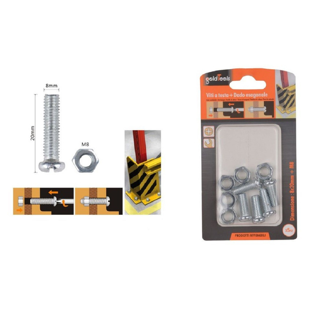 foto del prodotto trade shop set 5 pz viti vite testa a croce tonda 8x20 mm con dadi dado esagonale m8 90983 