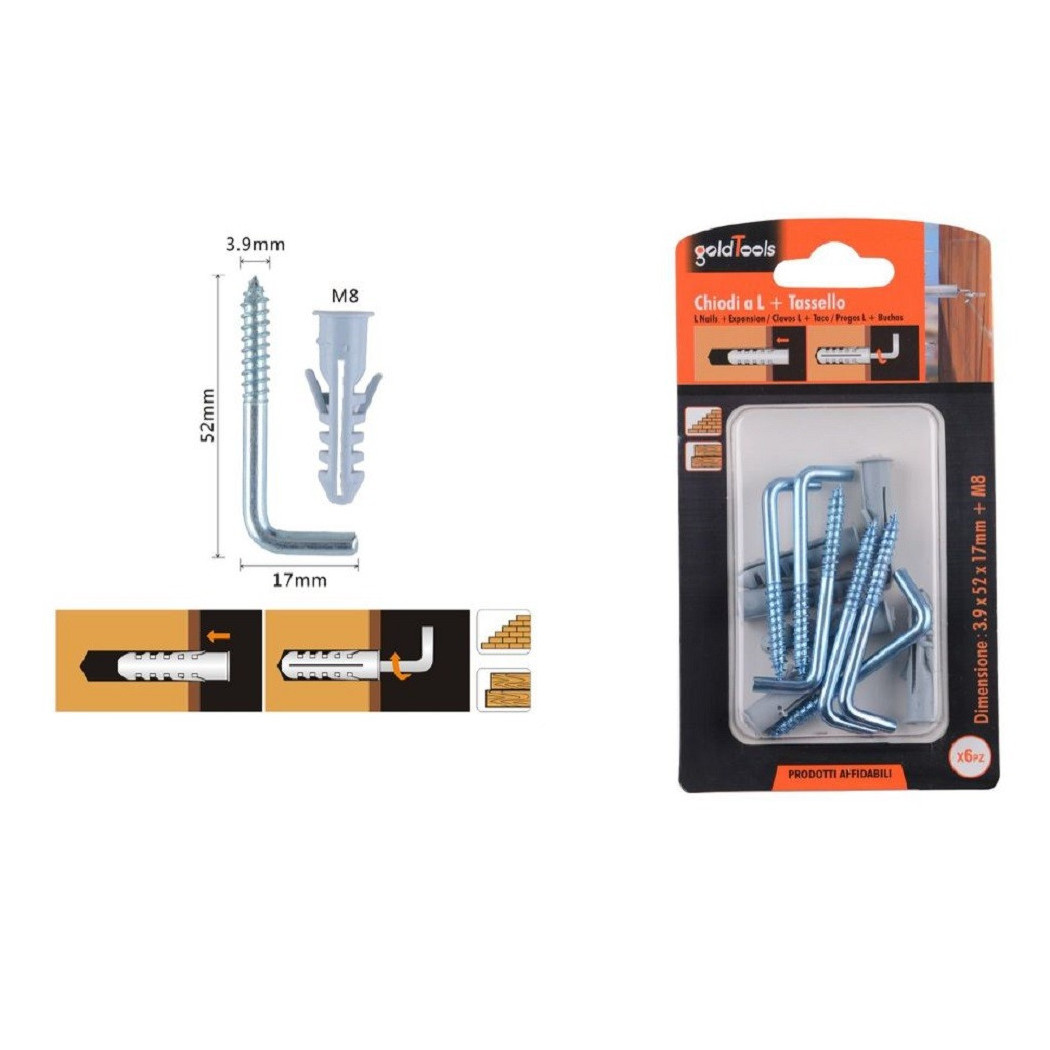 foto del prodotto trade shop - set 6 pezzi chiodi viti a l 3.9x52x17mm + tasselli con alette tassello m8 90798 -
