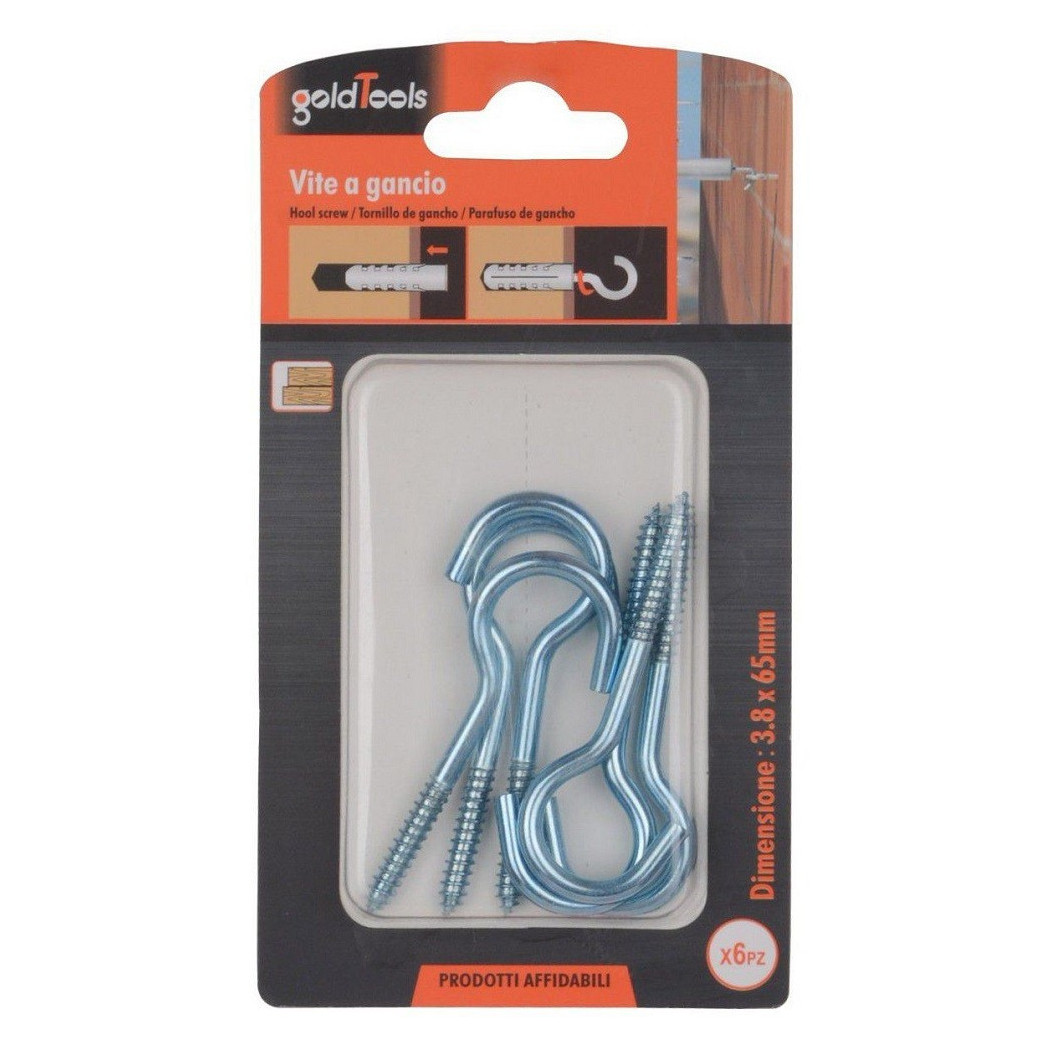 foto del prodotto trade shop - set 6 pezzi viti vite a gancio ganci 3.8 x 65 mm con filettatura per legno 90730 -