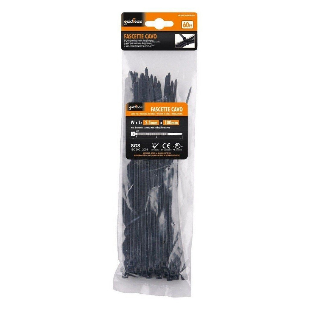 foto del prodotto trade shop - set 60 pz fascette cavi cavo nero stringenti in plastica nylon 2.5x100 mm 92379 -