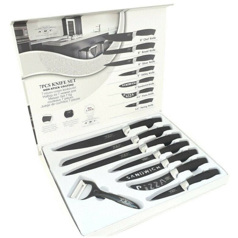 foto del prodotto trade shop set 7 coltelli da cucina in acciaio manico antiscivolo piu pelapatate black 
