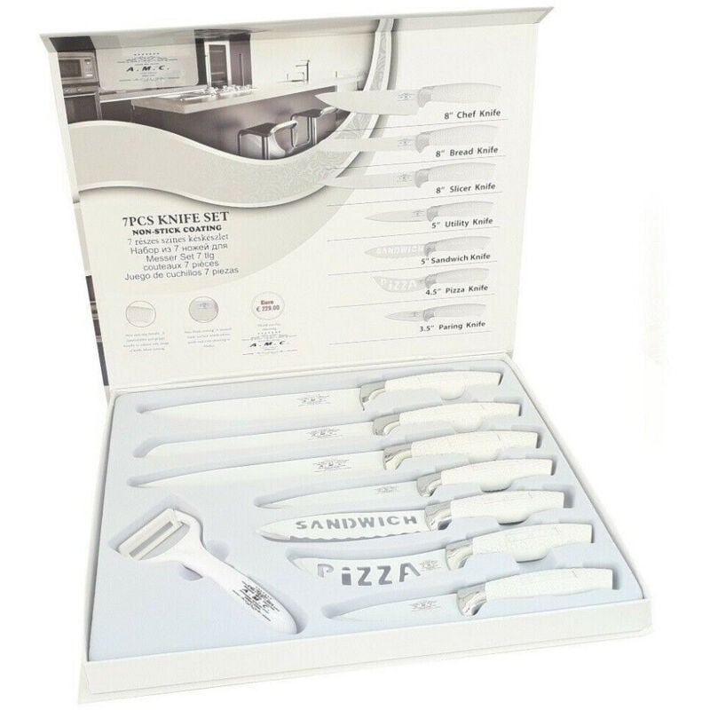 foto del prodotto trade shop set 7 coltelli da cucina in acciaio manico antiscivolo piu pelapatate white 