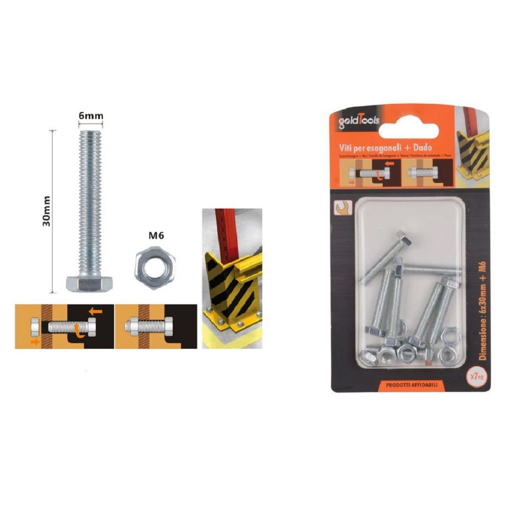 foto del prodotto trade shop - set 7pz vite viti per esterno a testa esagonali 6 x 30 mm con dadi dado m6 90916 -
