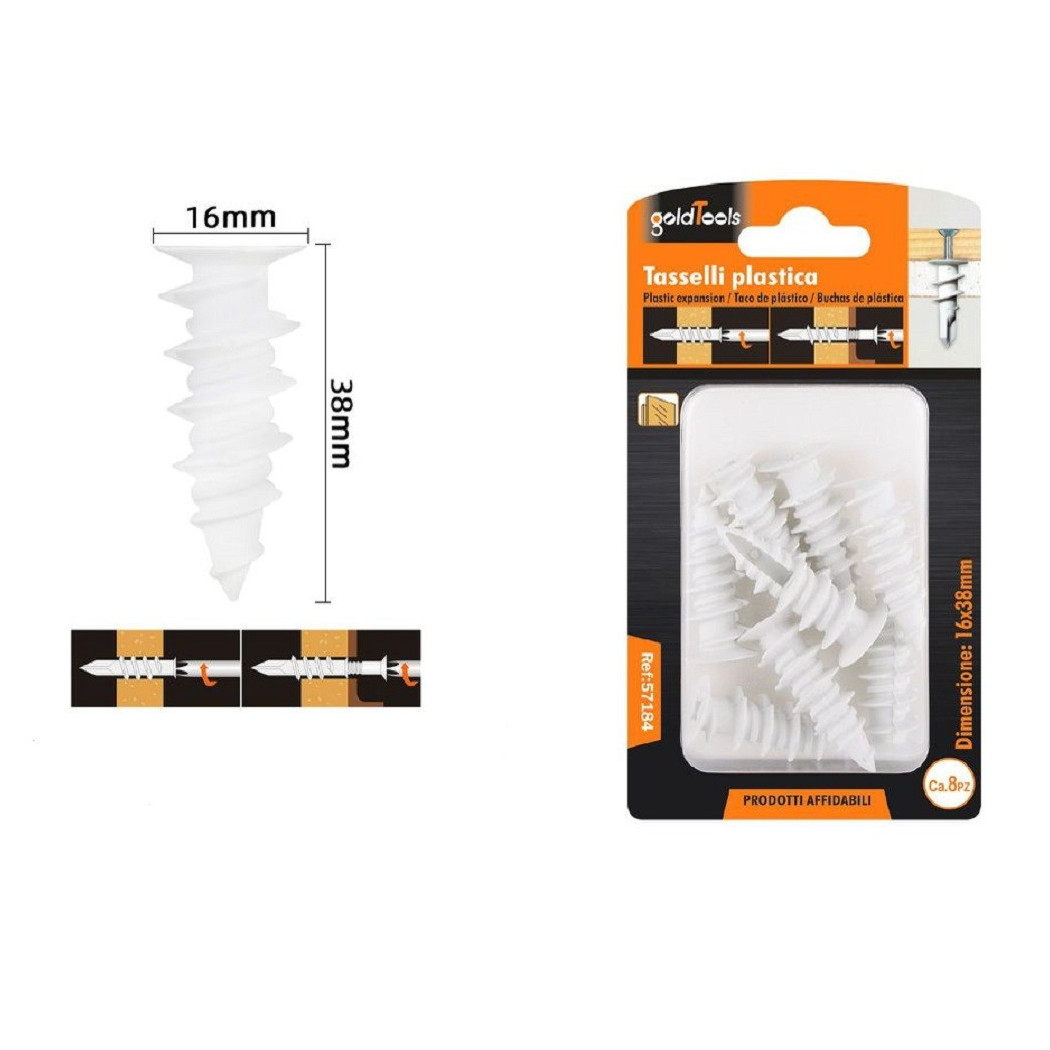 foto del prodotto trade shop - set 8 pezzi tasselli in plastica tassello fischer fissaggio viti 16 x 38mm 57184 -
