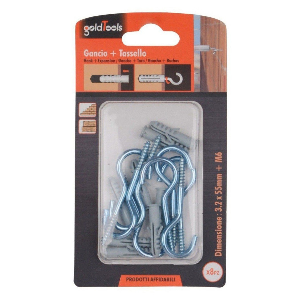 foto del prodotto trade shop - set 8 pezzi viti vite a gancio 3.2x55 mm + tasselli con alette tassello m6 90738 -