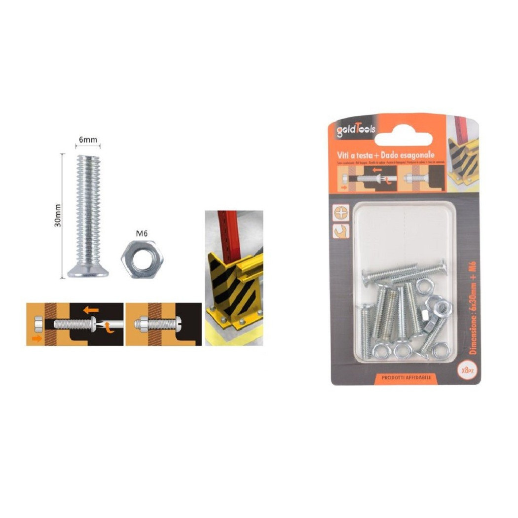 foto del prodotto trade shop set 8 pezzi viti vite testa a croce piatta 6 x 30 mm con dado esagonale m6 90944 