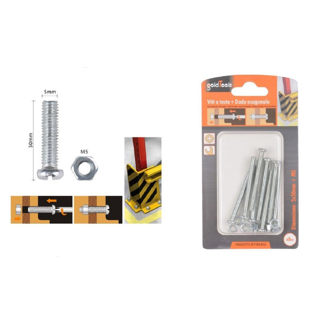 foto del prodotto trade shop - set 8 pz viti vite testa a croce tonda 5 x 50mm con dadi dado esagonale m5 90972 -