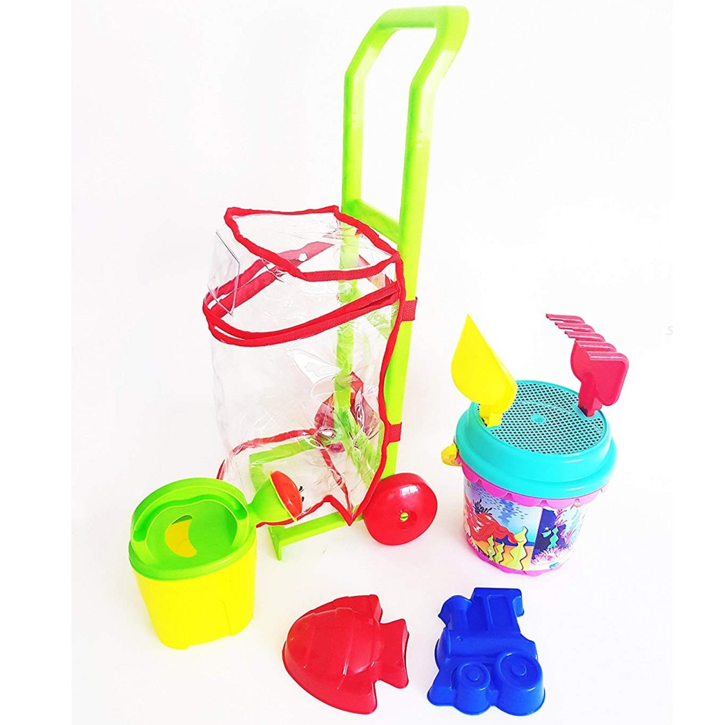 foto del prodotto trade shop set 8pz carrello con secchiello paletta rastrello formine sabbia gioco spiaggia mare bambini 