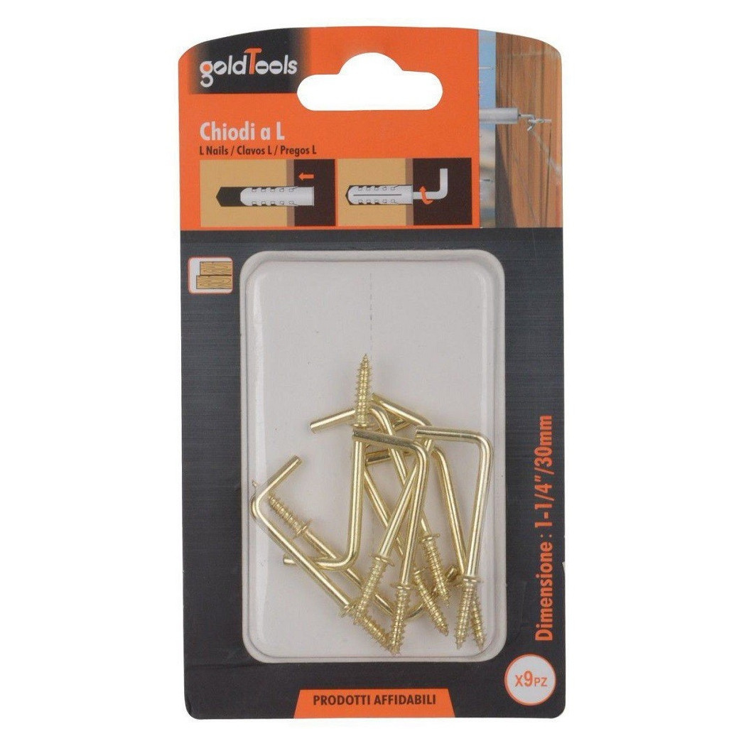 foto del prodotto trade shop - set 9 pezzi chiodi gancio a vite filettate a forma di l 1-1 4 30mm dorato 90802 -