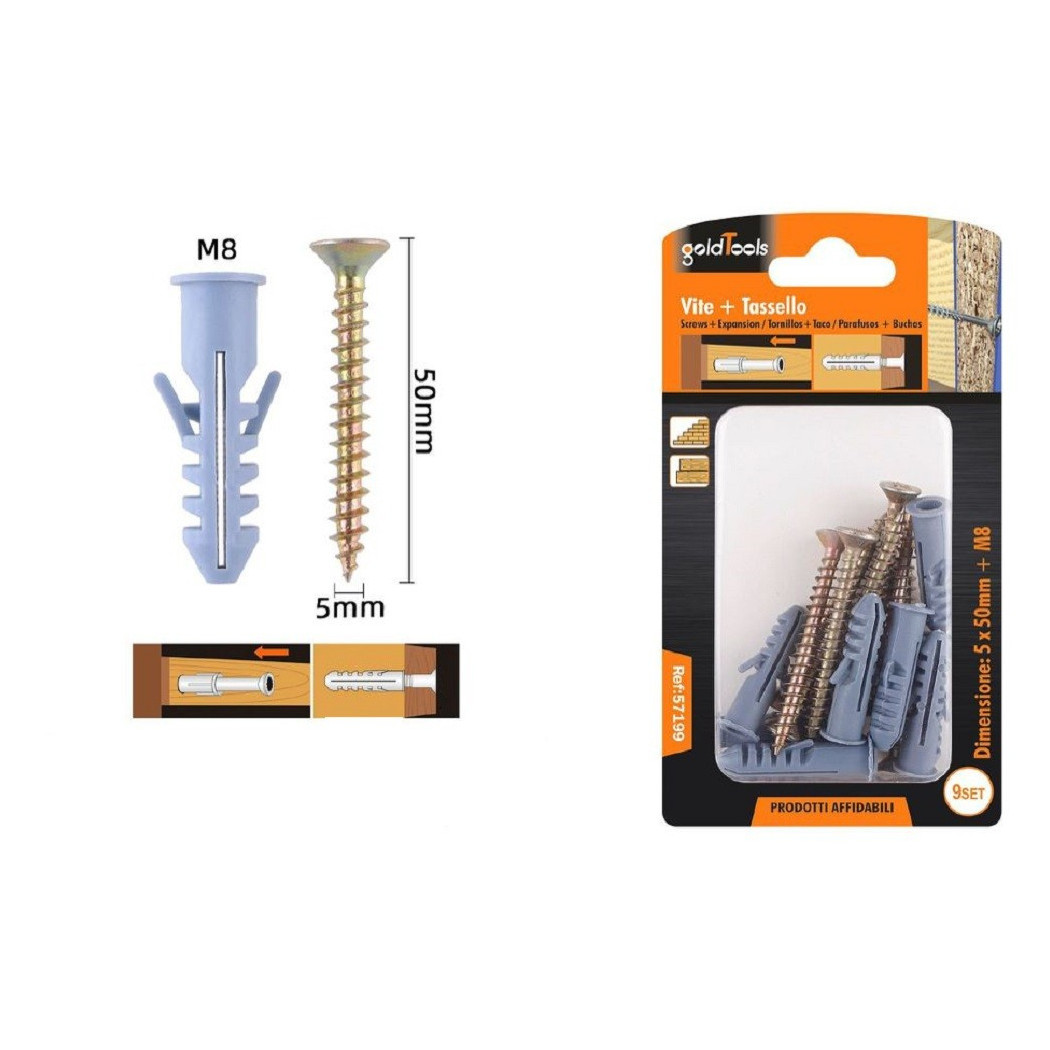 foto del prodotto trade shop - set 9 pezzi viti vite 5 x 50 mm + tasselli con alette tassello m8 fischer 57199 -