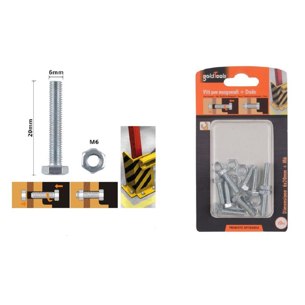 foto del prodotto trade shop - set 9 pz vite viti per esterno a testa esagonali 6 x 20mm con dadi dado m6 90915 -