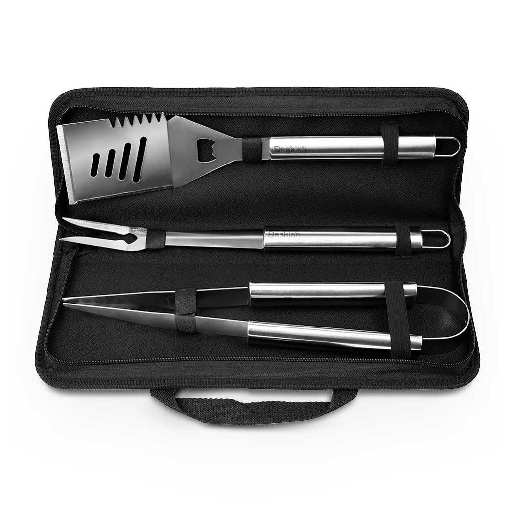 foto del prodotto trade shop set accessori utensili barbecue bbq con forchettone pinza spatola apribottiglia 