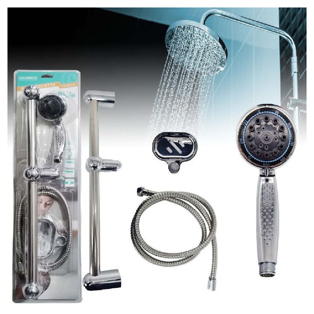 foto del prodotto trade shop set asta doccia doccetta regolabile 1,5mt tubo flessibile con barra bagno tx 9219 