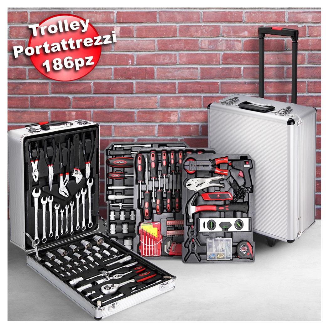 foto del prodotto trade shop set attrezzi 186pz trolley valigia portattrezzi cassetta portautensili lavoro 