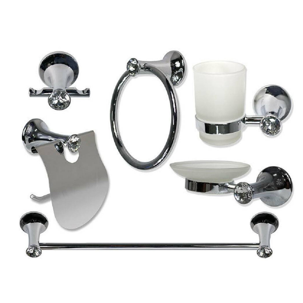 foto del prodotto trade shop set bagno 6 pz acciaio e vetro punti luce cristalli porta rotolo saponetta 52437 