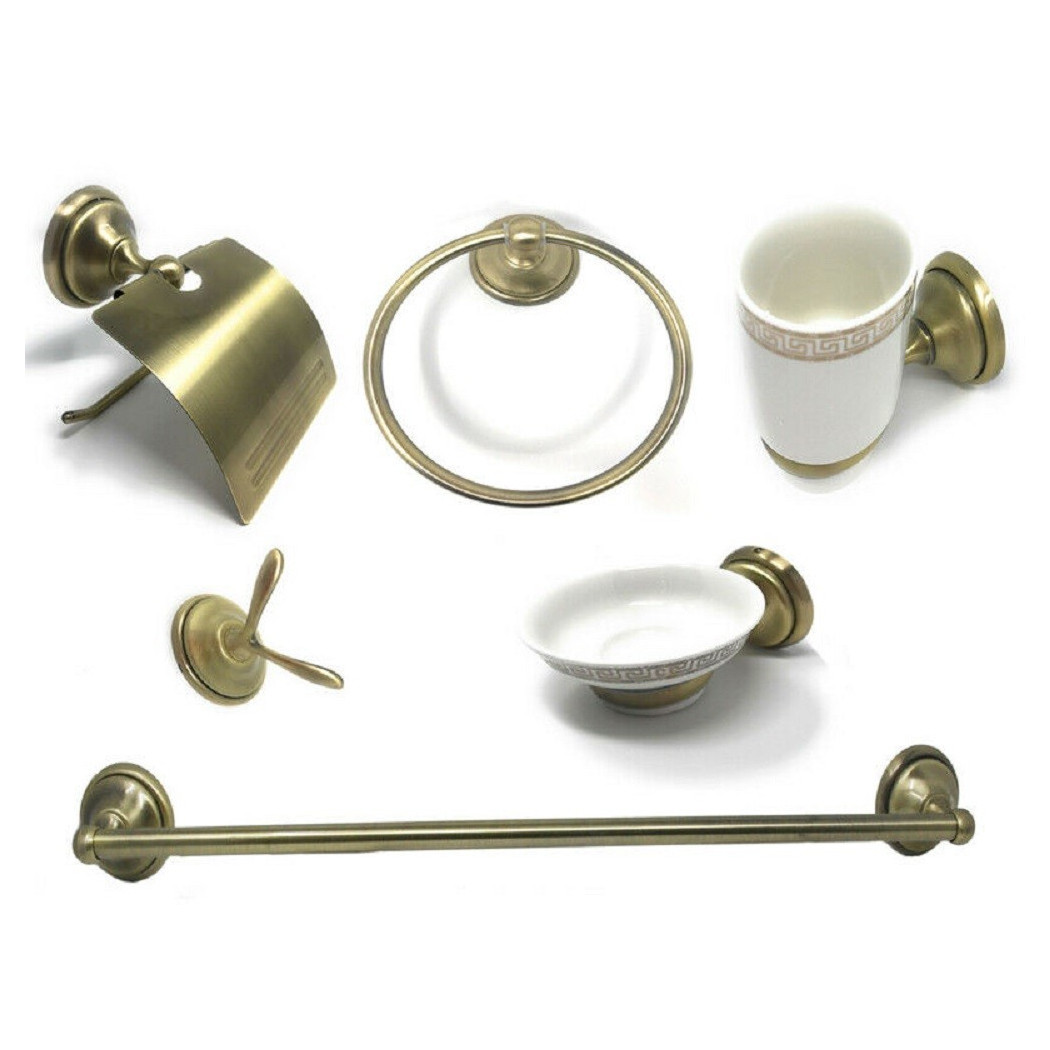 foto del prodotto trade shop set bagno classico oro satinato vetro 6pz portarotolo sapone asciugamano 52644 