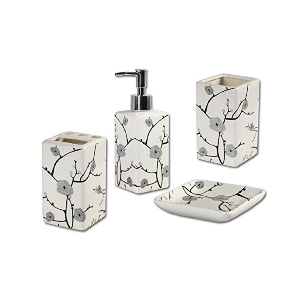 foto del prodotto trade shop set bagno fiori pesco giapponesi in ceramica dispenser porta saponetta bicchiere 