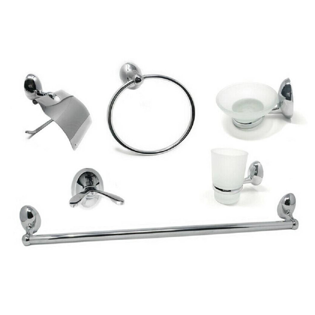 foto del prodotto trade shop set bagno moderno acciaio cromato vetro satinato 6pz porta rotolo sapone 52918 