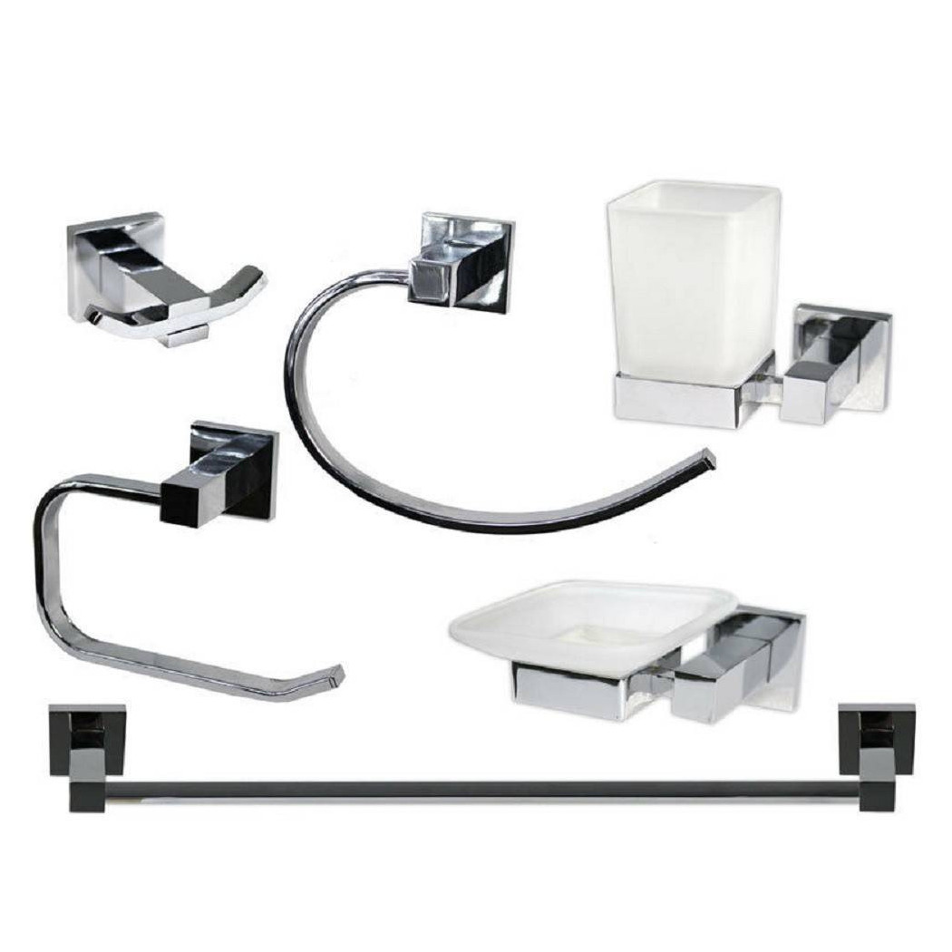 foto del prodotto trade shop set bagno quadrato acciaio cromato e vetro satinato 6 pezzi arredo moderno 52920 