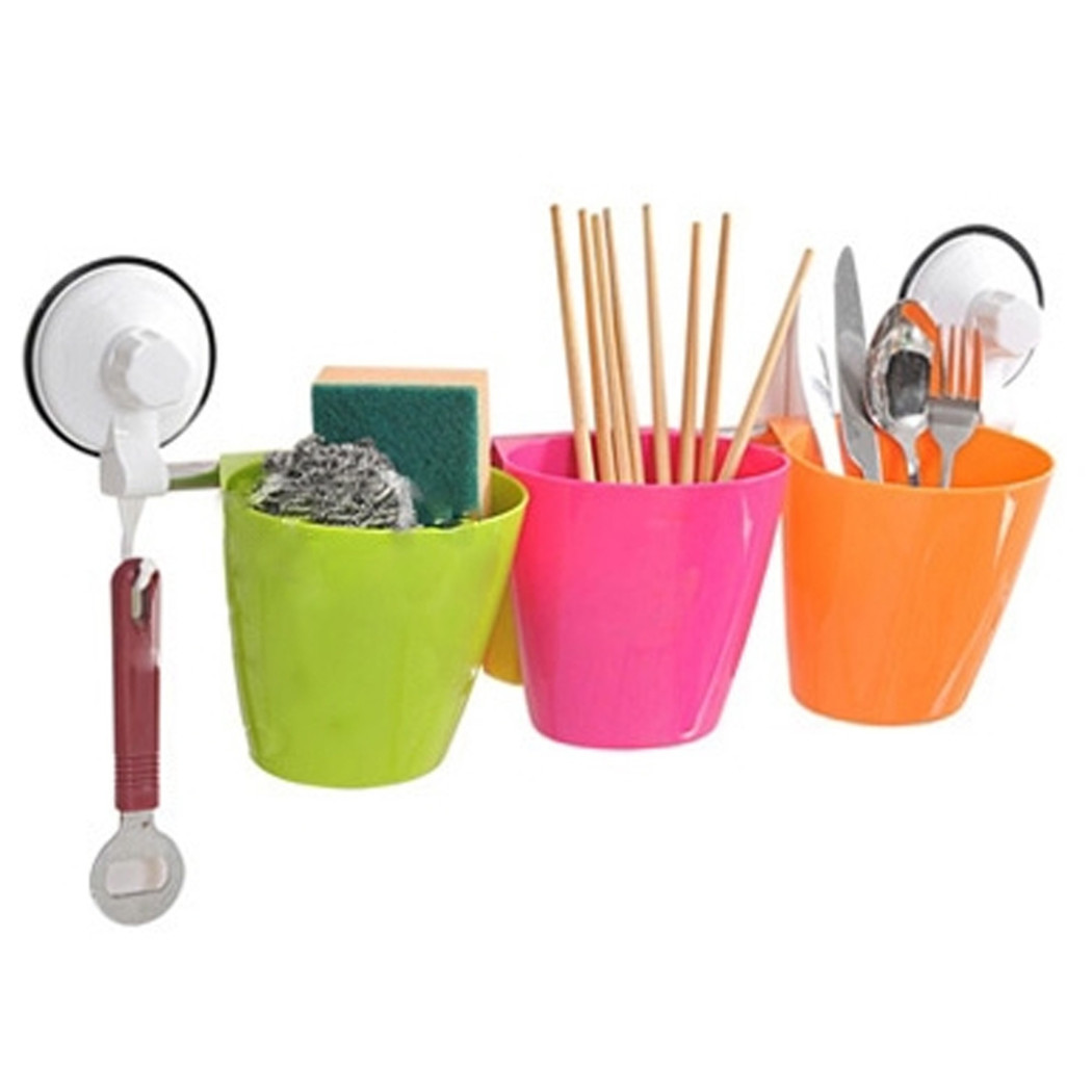 foto del prodotto trade shop set barra in acciaio con ventose 3 vaschetta porta oggetti per bagno cucina 