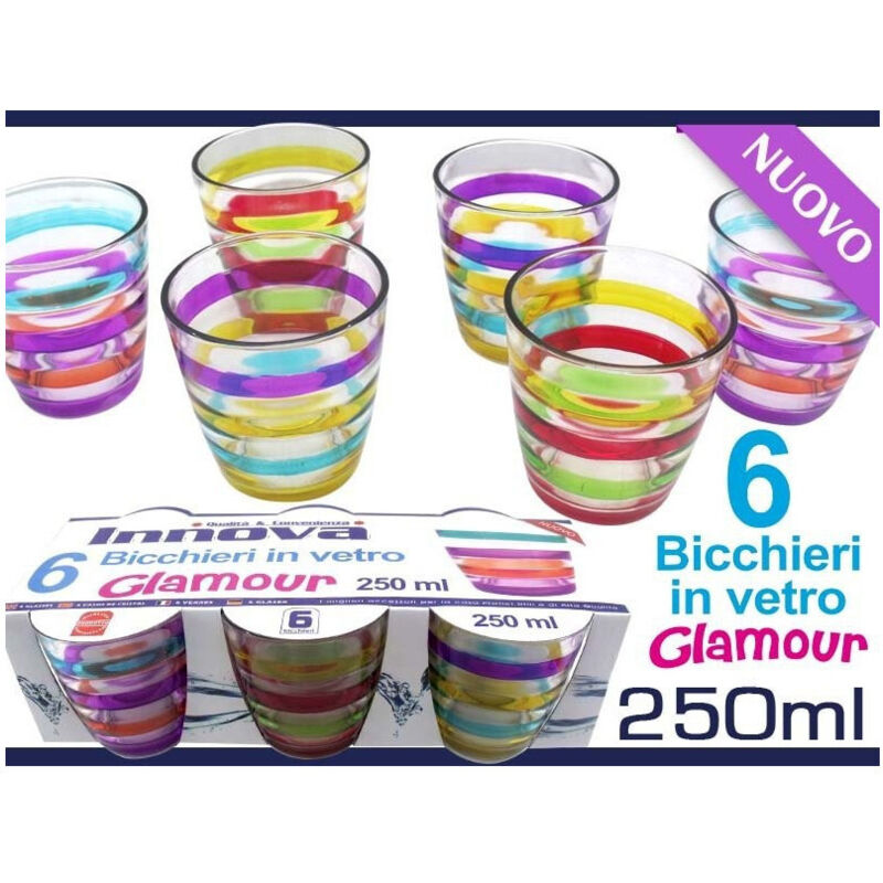 foto del prodotto trade shop set bicchieri in vetro con righe colorate glamour 6 pezzi da 250 ml colorati 
