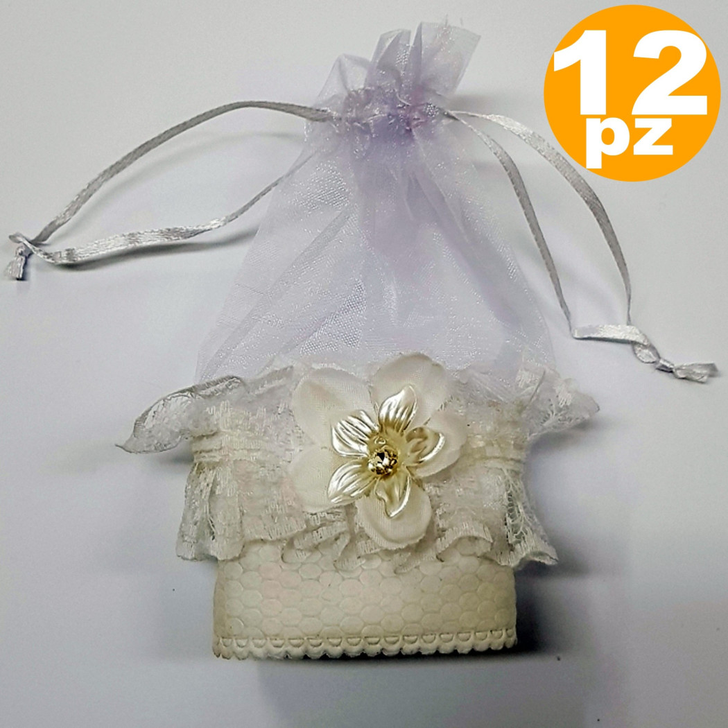 foto del prodotto trade shop set bomboniera bomboniere sacchetto in organza bianco pizzo fiore porta confetti 