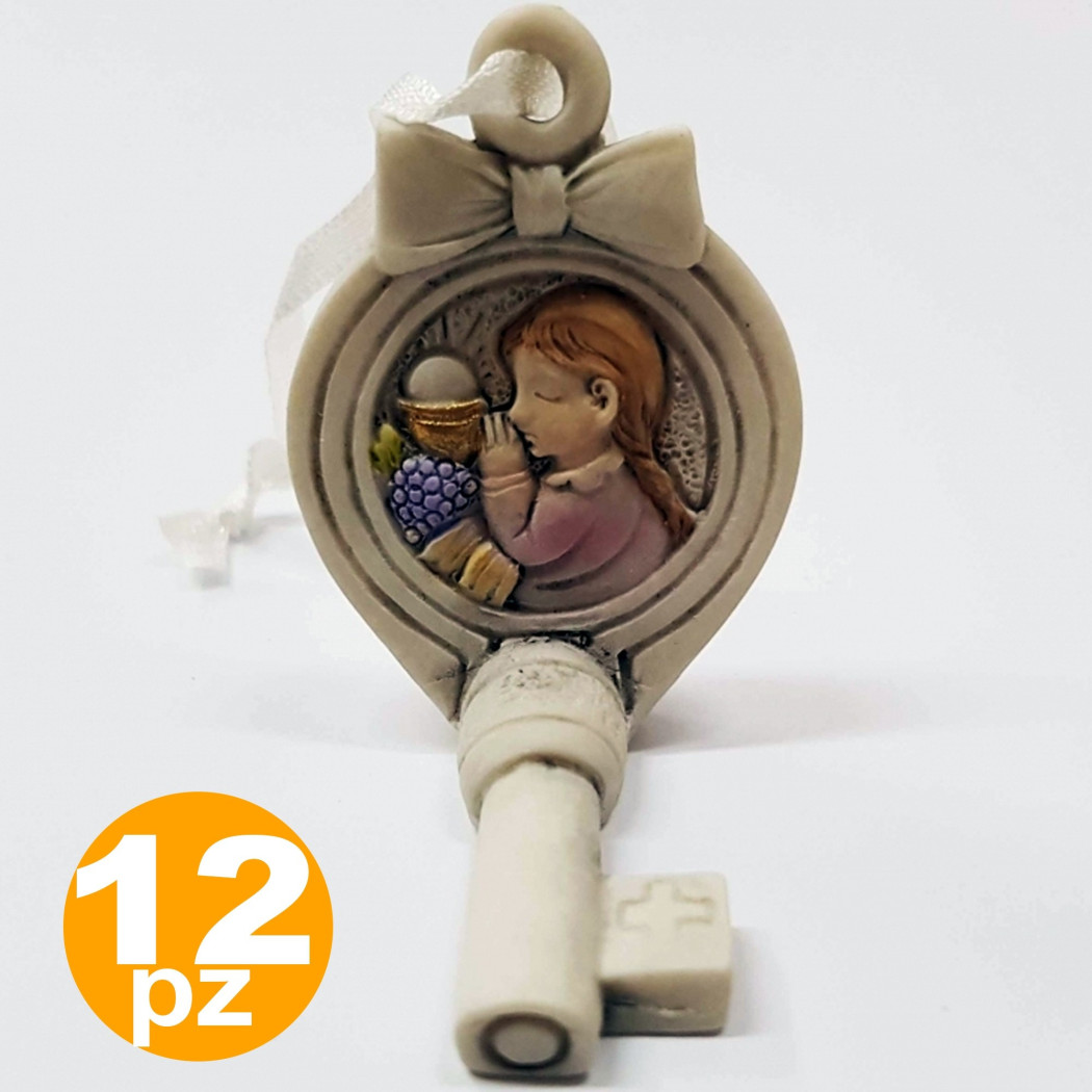 foto del prodotto trade shop set bomboniera chiave fiocco gancio comunione bambina sacra eucarestia ceramica 