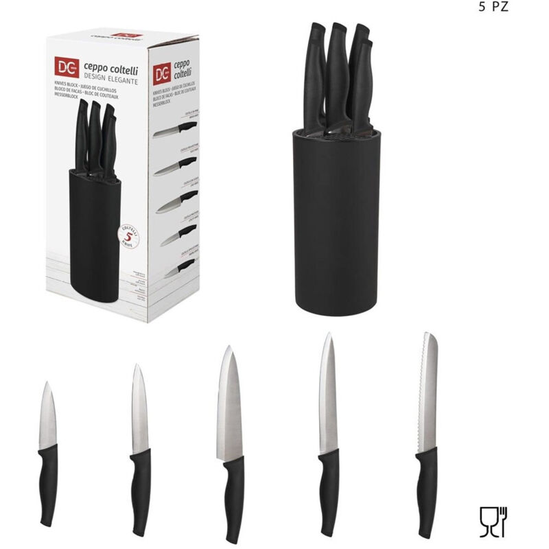 foto del prodotto trade shop set ceppo 5 pezzi coltelli coltello nero design elegante utensili da cucina 