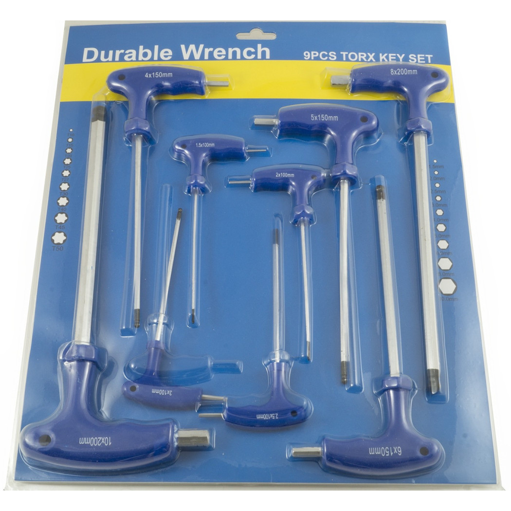 foto del prodotto trade shop set chiavini a t torx esagonali acciaio 9 pezzi ball point con manico a elle l 