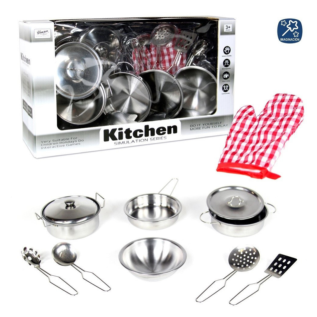foto del prodotto trade shop set cucina giocattoli per bambini in metallo 10pz con pentole mestoli e guanto 