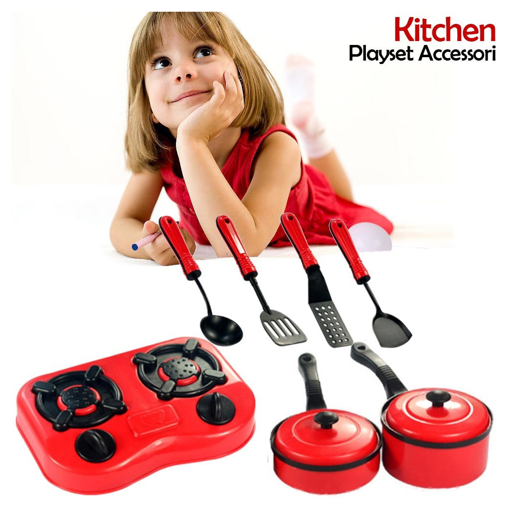 foto del prodotto trade shop set cucina per bambine 7pz con piano cottura stoviglie pentole e accessori gioco 