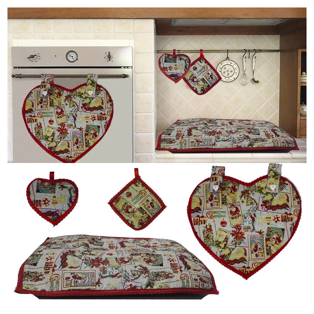 foto del prodotto trade shop set cucina tema natalizio composto da copri forno copri fuochi due presine 